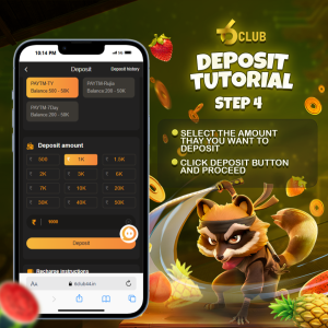 6 Club deposit tutorial, step 4, showing deposit amount selection on a smartphone with a playful raccoon mascot and vibrant background.
